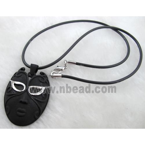 lacquered mask Necklace, alloy, rubber cord, black