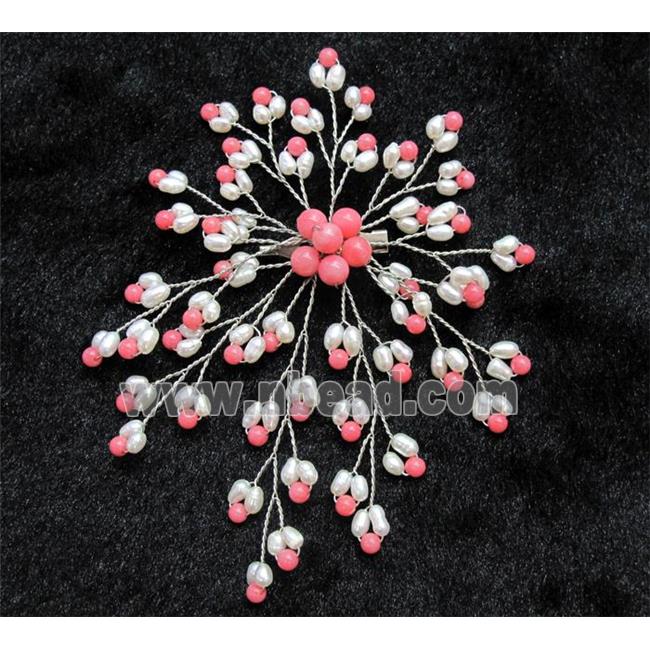 handmade brooch with freshwater pearl, pink coral beads