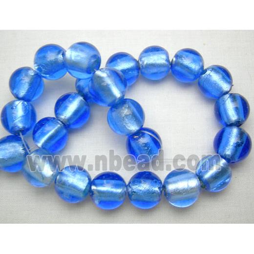 Lampwork Glass Beads with silver foil, round, blue