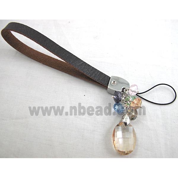 Mobile phone rope, String hanger PU leather, Crystal Teardrop