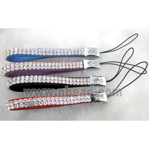 Mobile phone rope, String hanger, suede with 2 row rhinestone, mix