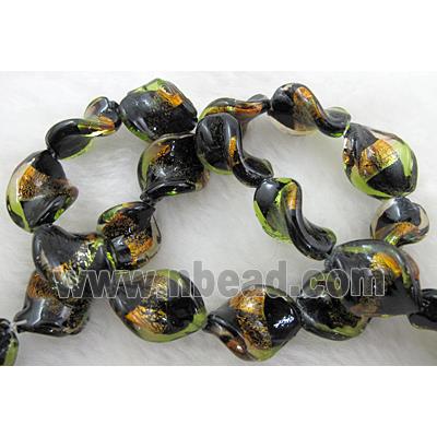 dichromatic lampwork glass beads with gold foil, twist