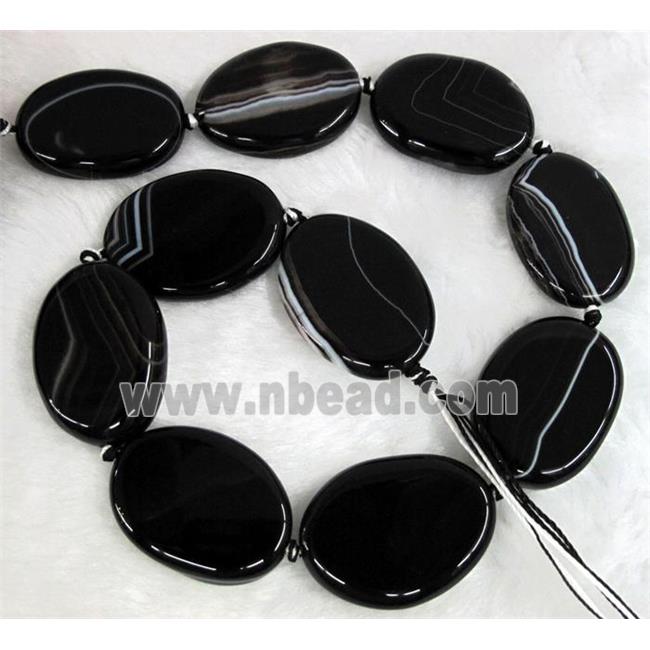 black agate stone bead, flat-oval