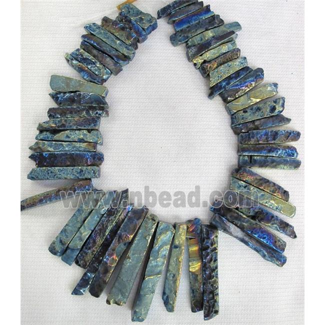 rock agate stone bead, stick, blue electroplated