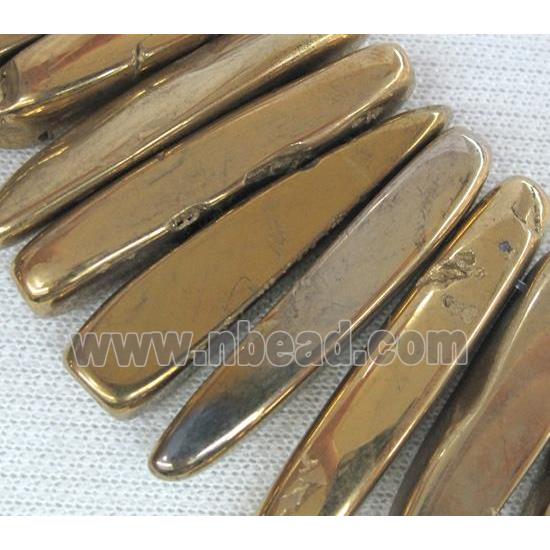 rock agate stone beads, polished, stick, gold electroplated