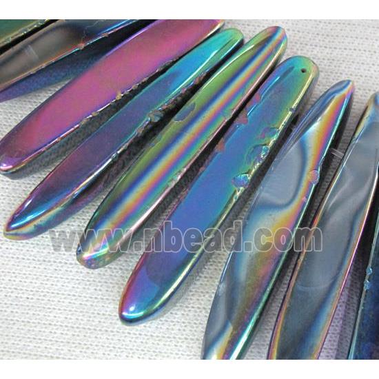 rock agate stone beads, polished, stick, rainbow electroplated