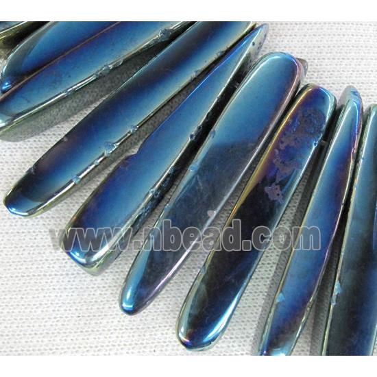 rock agate stone beads, polished, stick, blue electroplated