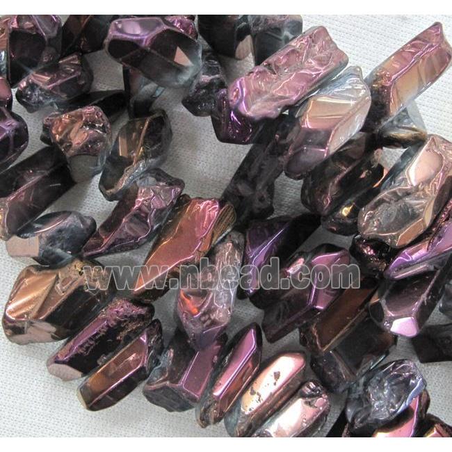 clear quartz stone bead, stick, freeform, purple electroplated