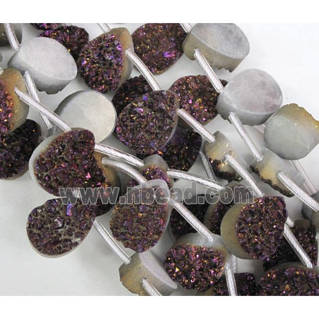 Agate Druzy beads, teardrop, purple electroplated