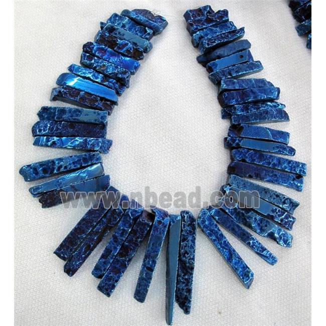 Rock Agate stick beads, blue electroplated