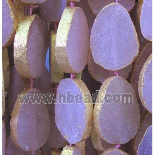 rose quartz beads, teardrop, gold plated, no-polished