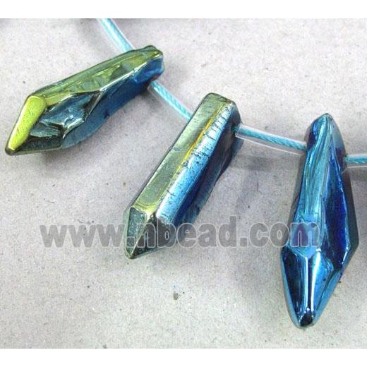 clear quartz stick bead, green electroplated