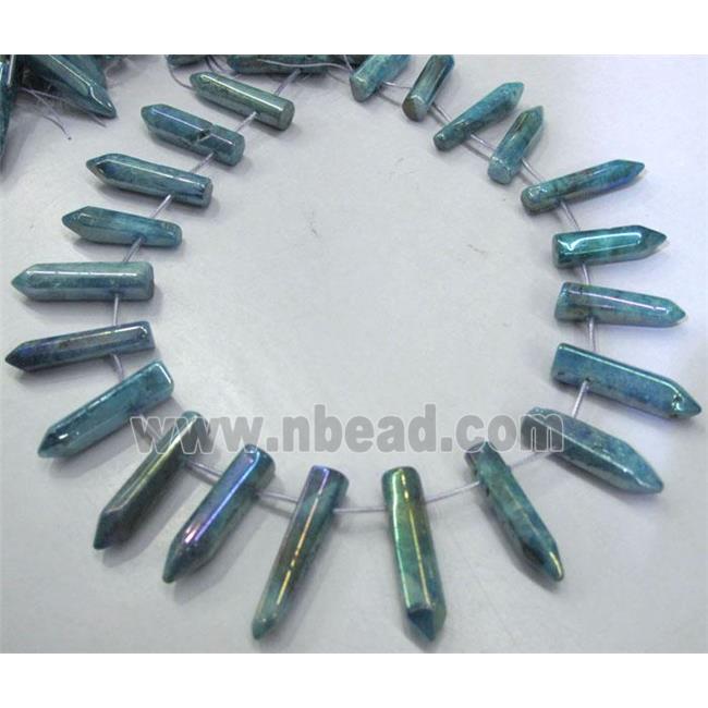 clear quartz stick bead, aqua electroplated