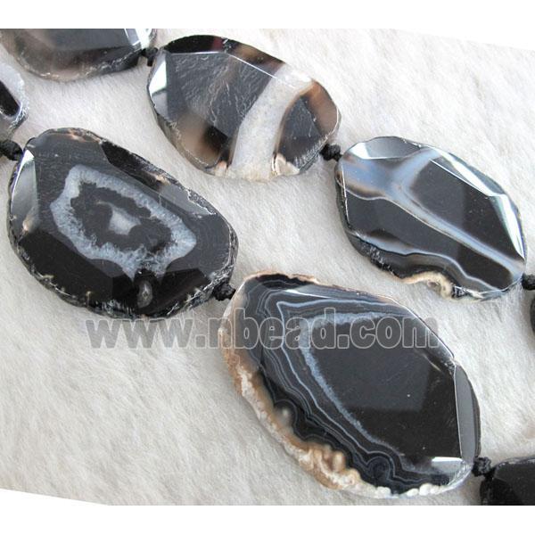 black agate beads, faceted slab, freeform