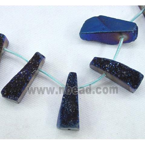 agate druzy beads, freeform stick, blue electroplated