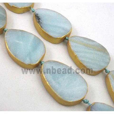 Amazonite teardrop beads, dark-gold plated