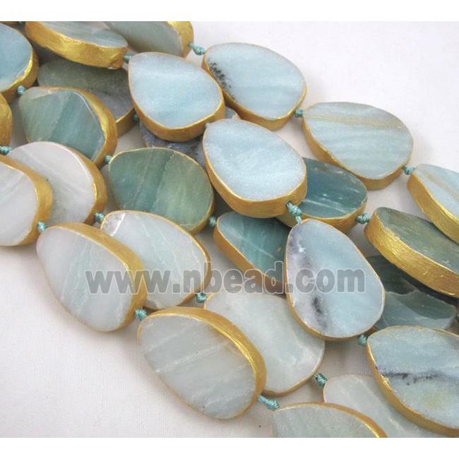 Amazonite teardrop beads, dark-gold plated