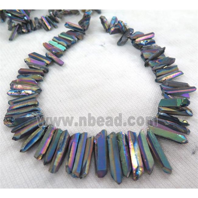 Clear Quartz Bead, stick, rainbow electroplated