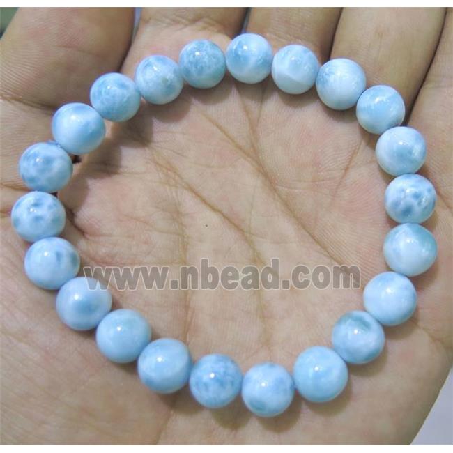 natural Larimar bracelet, round, blue, stretchy, grade-AAAAA