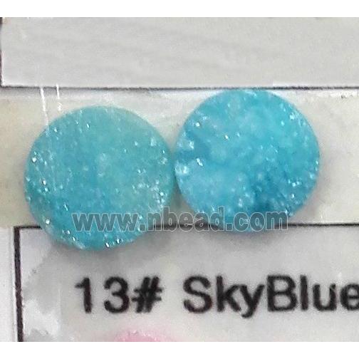 druzy quartz cabochon, flat-round, skyblue