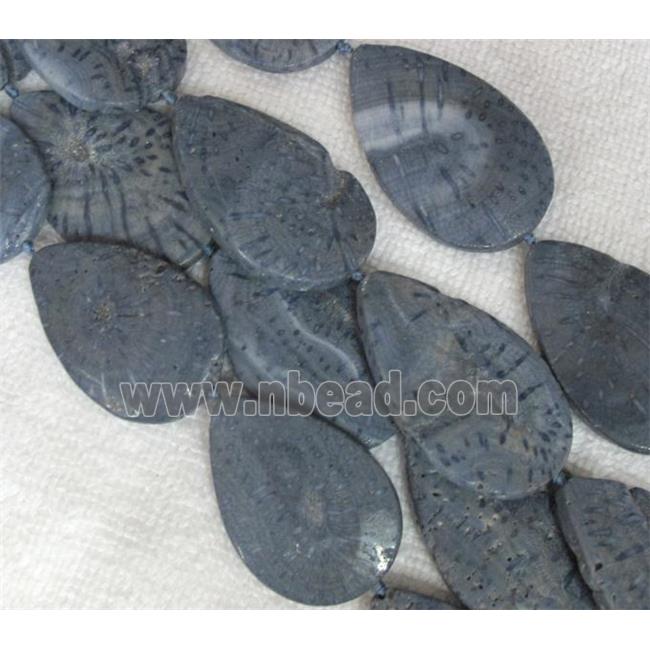 blue Coral Fossil Beads, chrysanthemum, flat teardrop