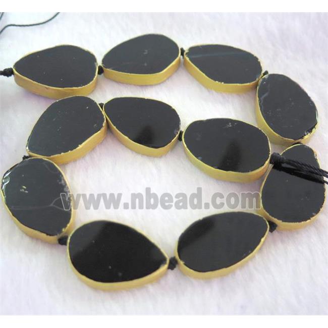 black agate bead, teardrop, gold plated