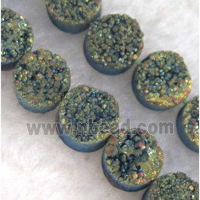 druzy quartz bead, flat round, green electroplated