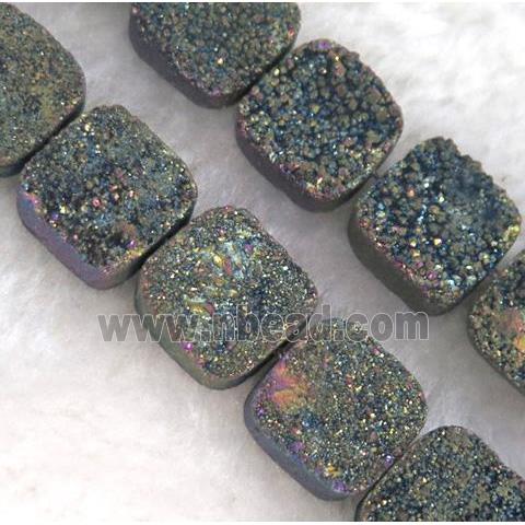 druzy quartz bead, square, green electroplated