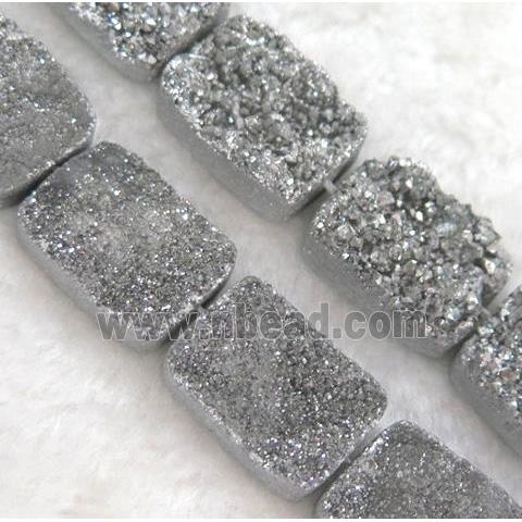 druzy quartz bead, rectangle, silver electroplated