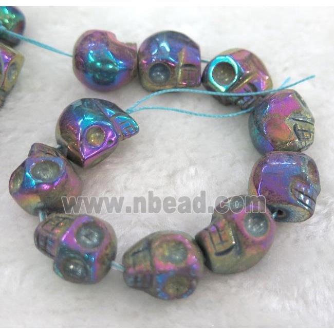 pyrite bead, skull, rainbow electroplated