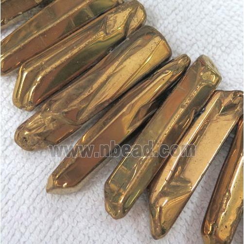 Clear Quartz beads for necklace, stick, gold electroplated, polished