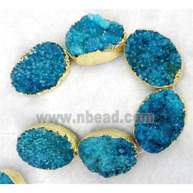 blue quartz druzy beads, oval, gold plated