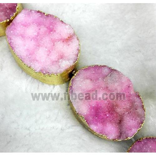 pink Druzy Quartz Beads, oval, gold plated