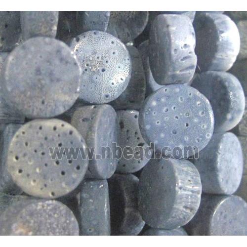 blue coral fossil stone bead, flat-round