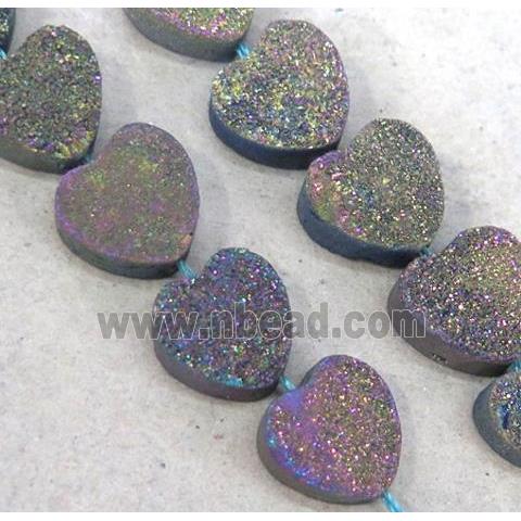 druzy quartz beads, heart, rainbow electroplated