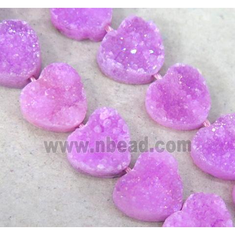 Quartz Druzy Beads, heart, hotpink