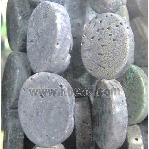 blue coral fossil stone bead, flat-oval