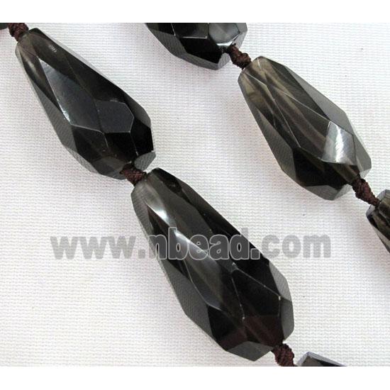 smoky quartz bead, dark-grey, faceted teardrop