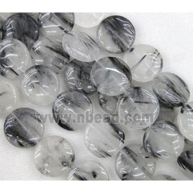 black rutilated quartz beads, flat round