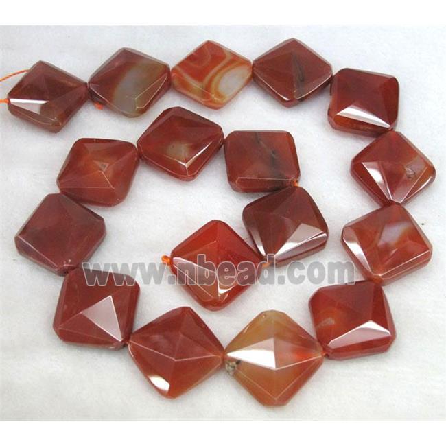 red carnelian agate stone bead, faceted corner-drilled square