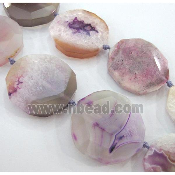 druzy agate beads, faceted flat-round, purple