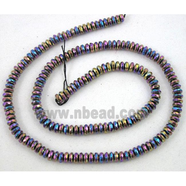 hematite beads, faceted rondelle, rainbow electroplated