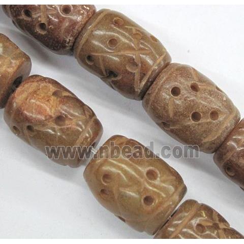 Chinese Jade Beads, barrel, brown, carved