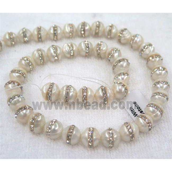 white pearl shell beads, paved rhinestone