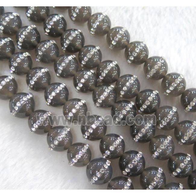 gray Agate bead, paved rhinestone, round