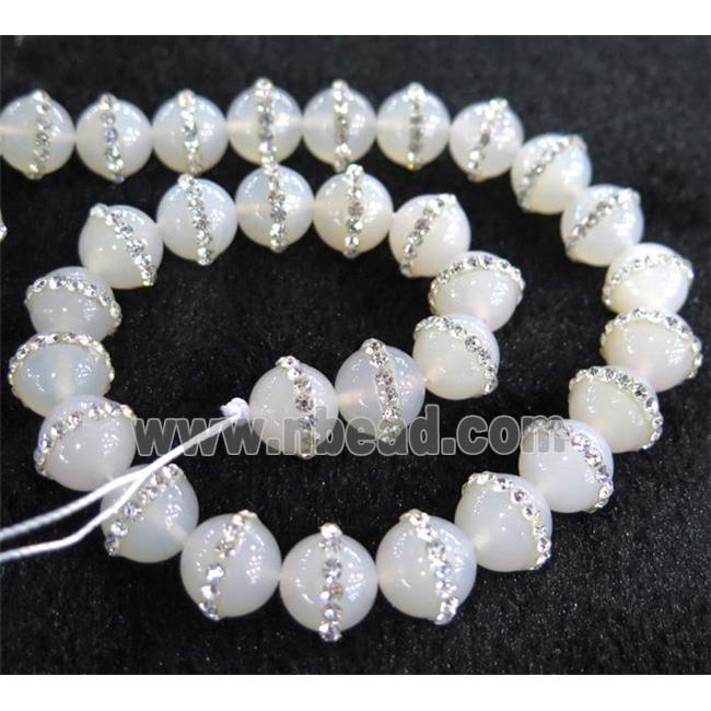 white Agate beads, paved rhinestone, round