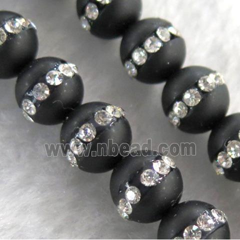 round black agate beads paved rhinestone, matte