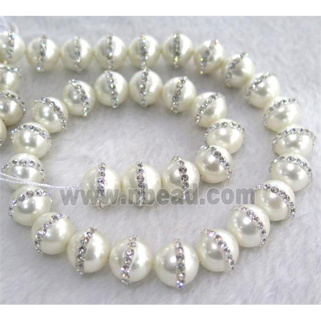 peral shell beads with rhinestone, round, white