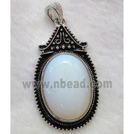 White Opalite Oval Pendant Alloy Antique Silver