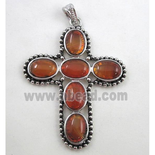 gemstone pendant, cross, red aventurine, antique silver